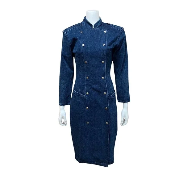 Paris Blues Dresses | Vintage Denim Pencil Dress Snap Military Style Pinup Retro | Color: Blue | Size: 9 | Behindthetimes's Closet